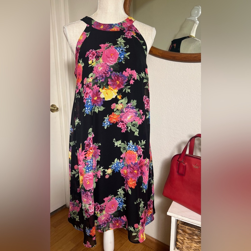 Betsey Johnson Vibrant Floral Black Midi Dress